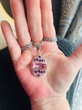 Silver Pendant Necklace with Pink Rhinestone Oval Charm